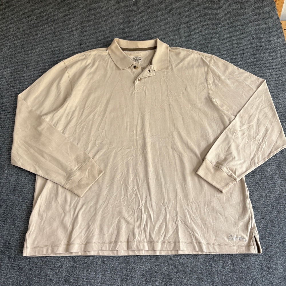 Cabelas Mens 2XL Long Sleeve Polo Shirt Tan Beige Cotton Blend Casual Outdoor